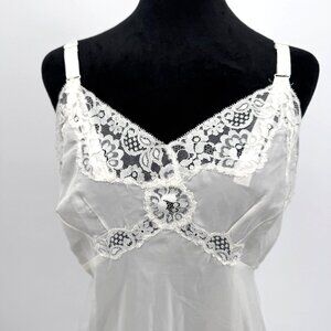 Vintage Babydoll Slip Dress 60s White Lace Trimmed Empire Waist Adjustable Nylon